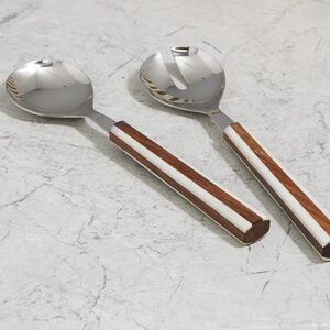 Lyra Inlay Wood Serving Set.  Stainless Steel 11.14” NWT | Timeless | Classic
